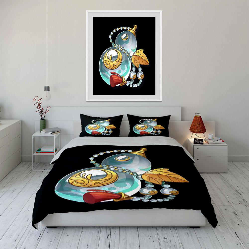 3Pcs Crystal Gourd Bedding Set, Traditional Chinese Hulu Print Duvet Cover + 2 Pillowcases, Luck Feng Shui Decor