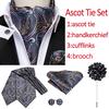 Mens Tie Set Jacquard Woven Paisley Ascot Tie Pocket Square Cufflinks Brooch Set