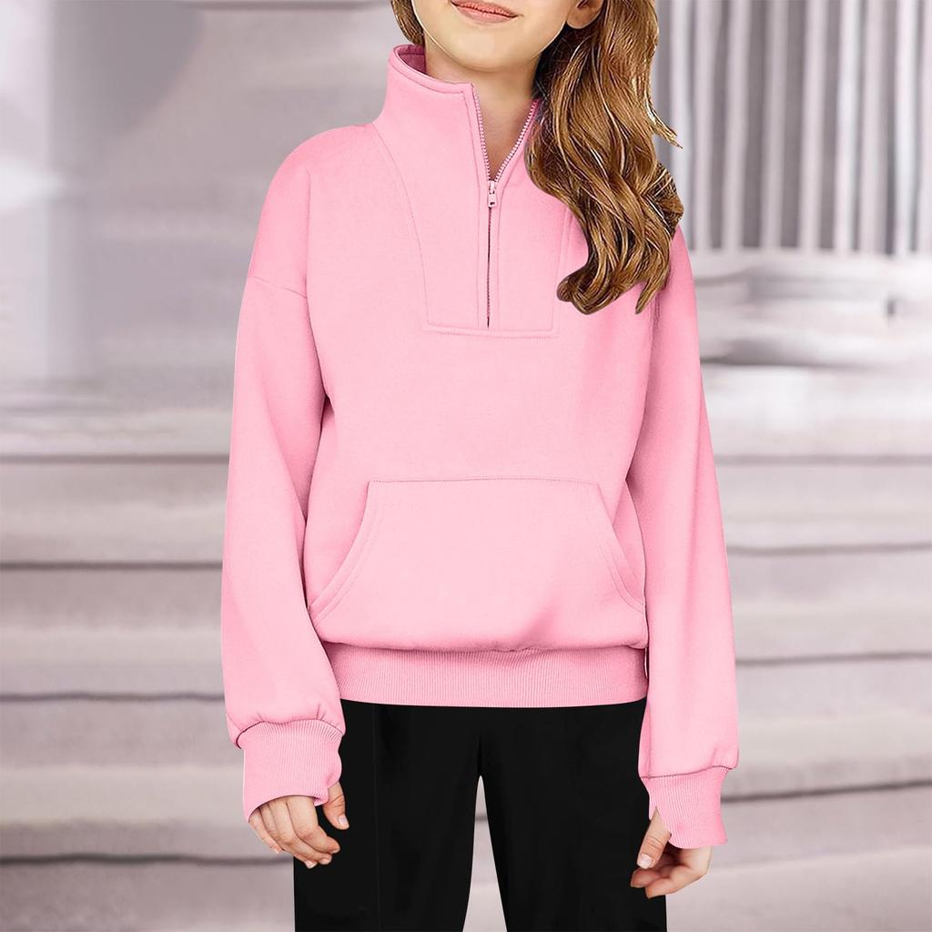 Children's Half-Zip Fleece Pullover Sweatshirt For Girls - Solid Color Hoodie