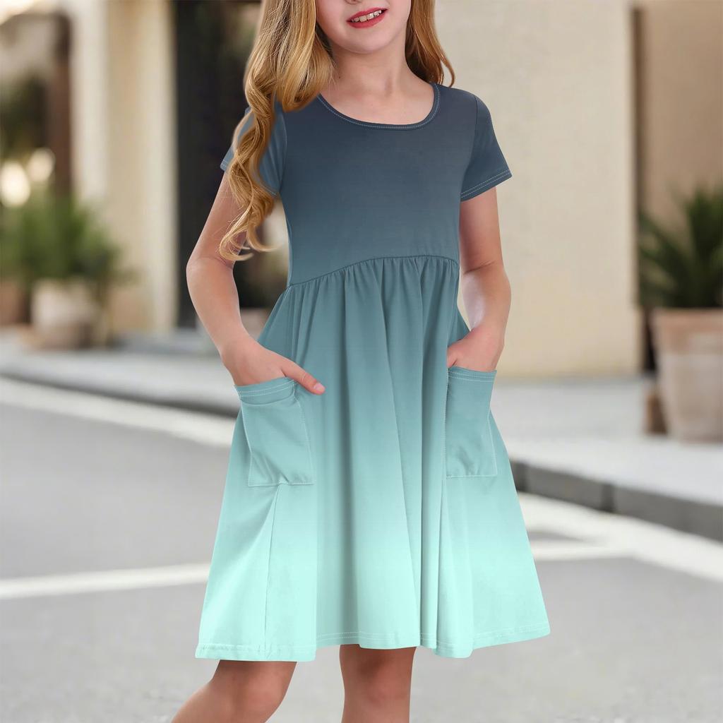 Детская юбка с круглым вырезом и коротким рукавом, платье принцессы, модное повседневное платье с карманами для девочек
