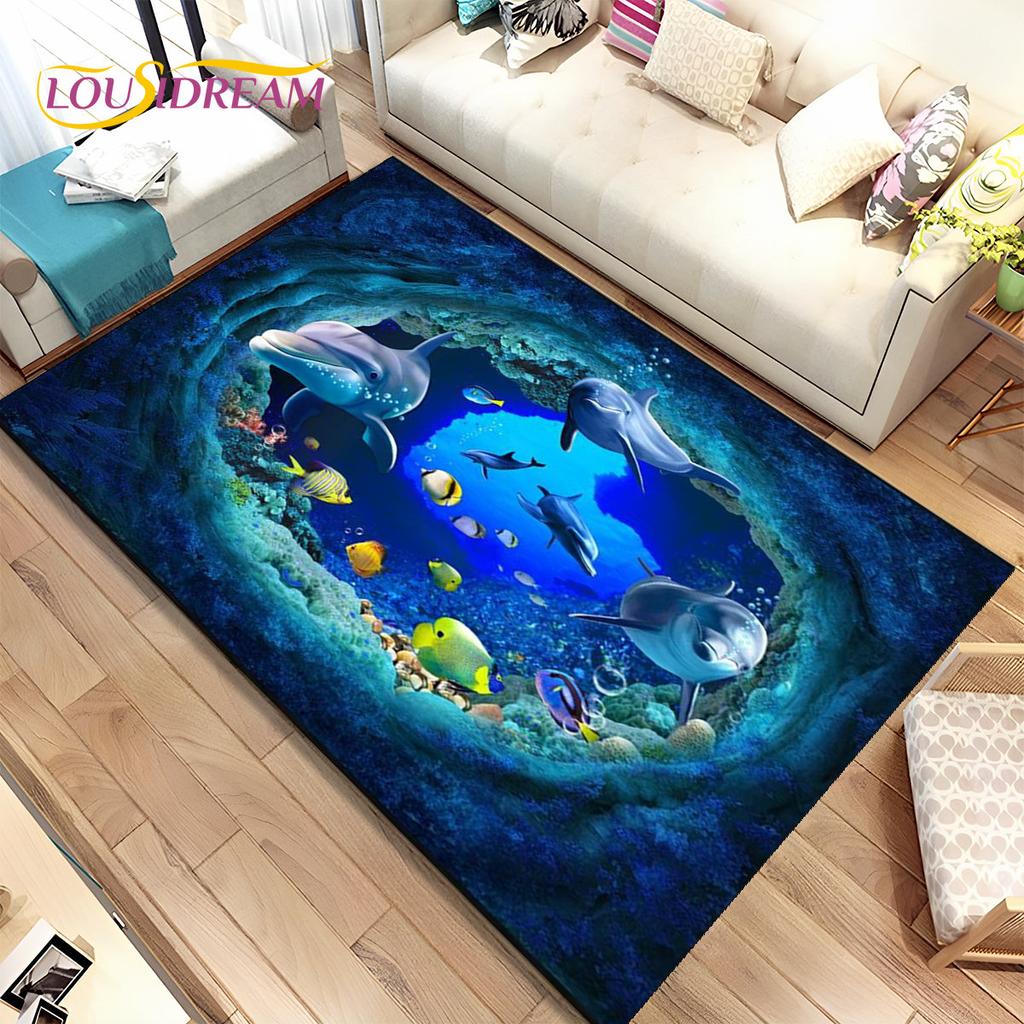 3D иллюзия морского дна, подводный мир, коврик с дельфином и акулой, коврик для гостиной, спальни, дивана, коврик, нескользящий напольный коврик