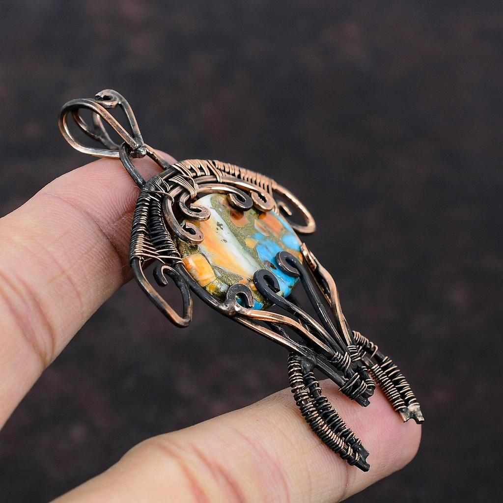 Колючая устрица, медный бирюзовый кулон, медная проволока, кулон, кулон ручной работы с драгоценным камнем, медные украшения, подарок на помолвку, кулон в виде черепахи