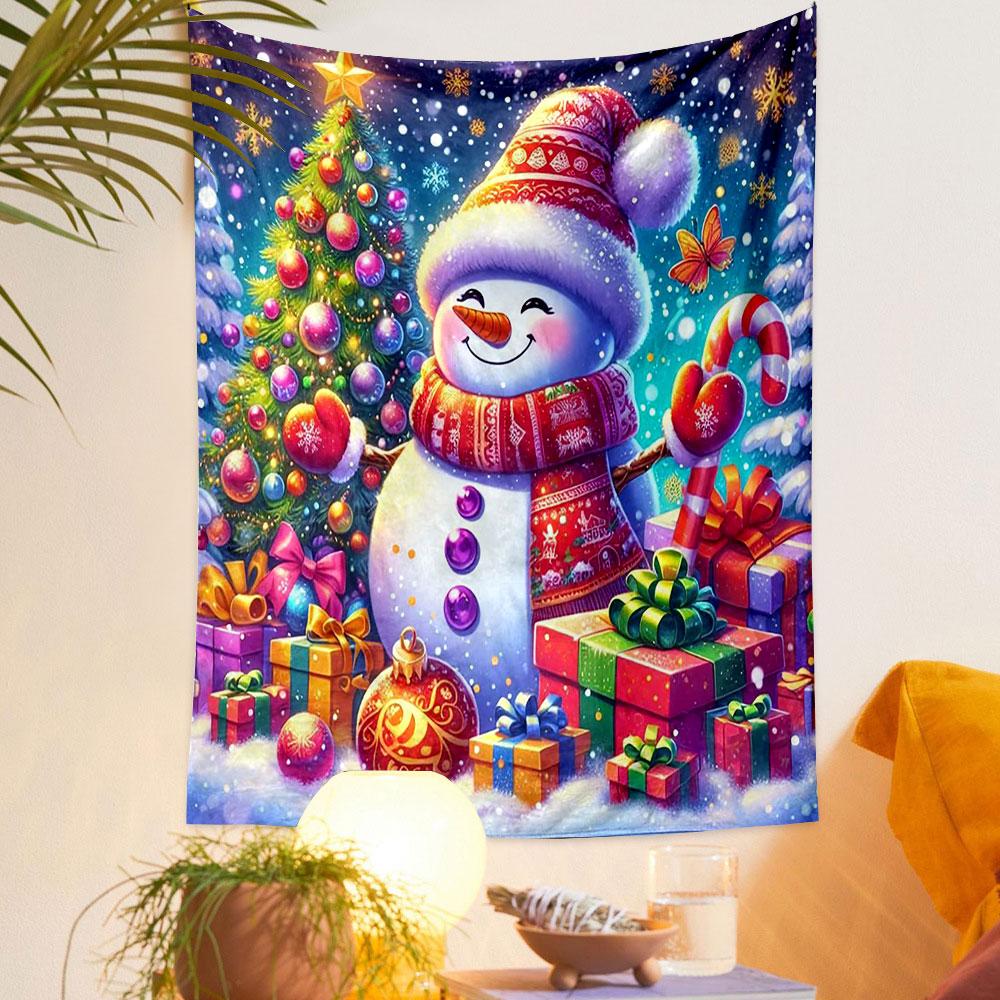Festive Snowman with Christmas Tree Joy Patterned Tapestry Decorative Wall Hanging, Home Bedroom Living Room Decor