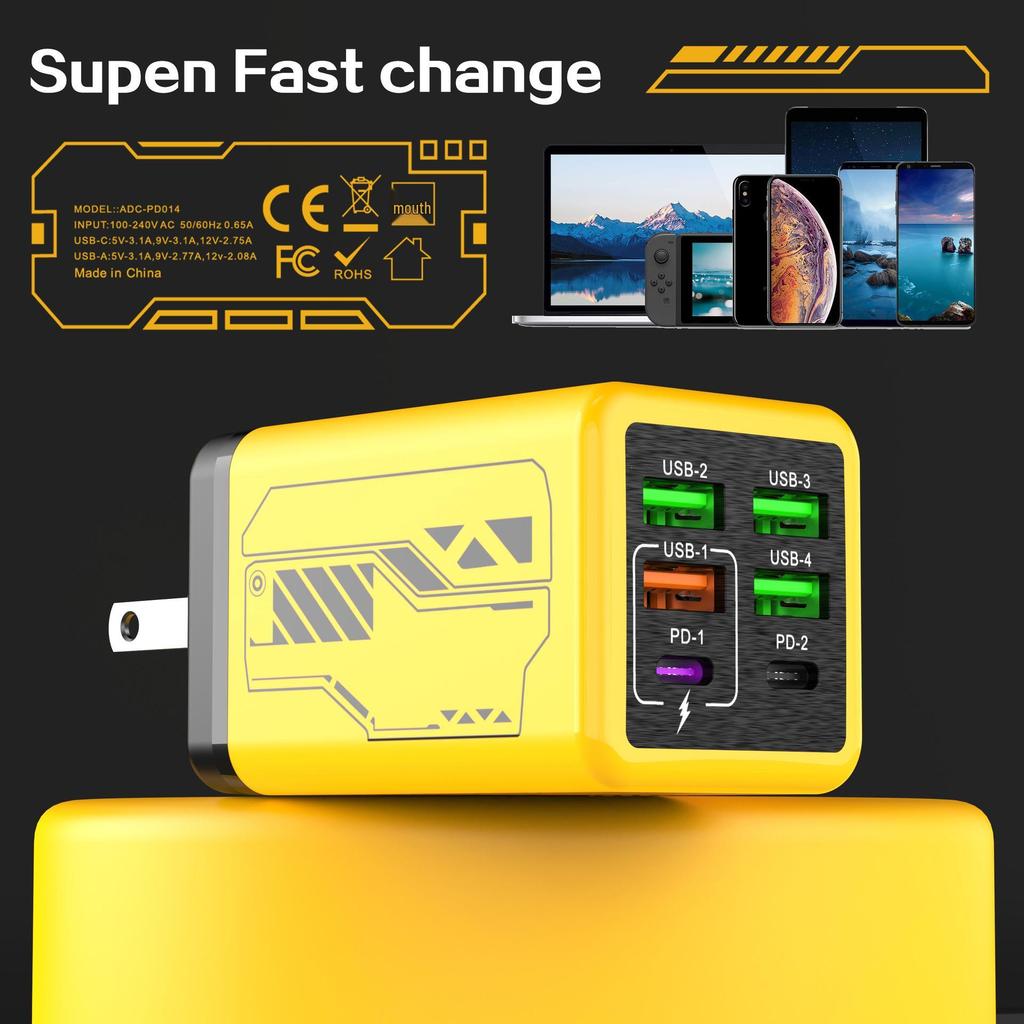 Быстрое зарядное устройство PD240W в стиле меха: 4 порта USB и 2 порта Type-C, Совместимость с устройствами Apple и Huawei