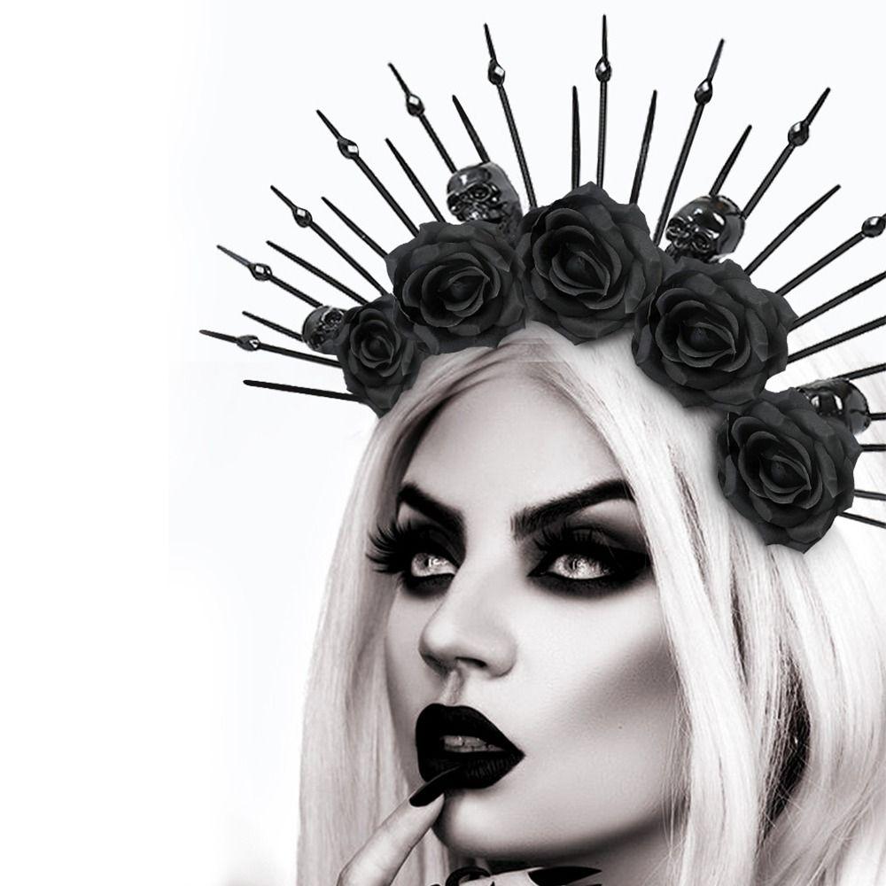 Хэллоуин Черная роза Цветок Скелет Головная повязка День мертвых Готический Косплей Головной убор Вечеринка Женщины Богиня Нимб Корона для женщин