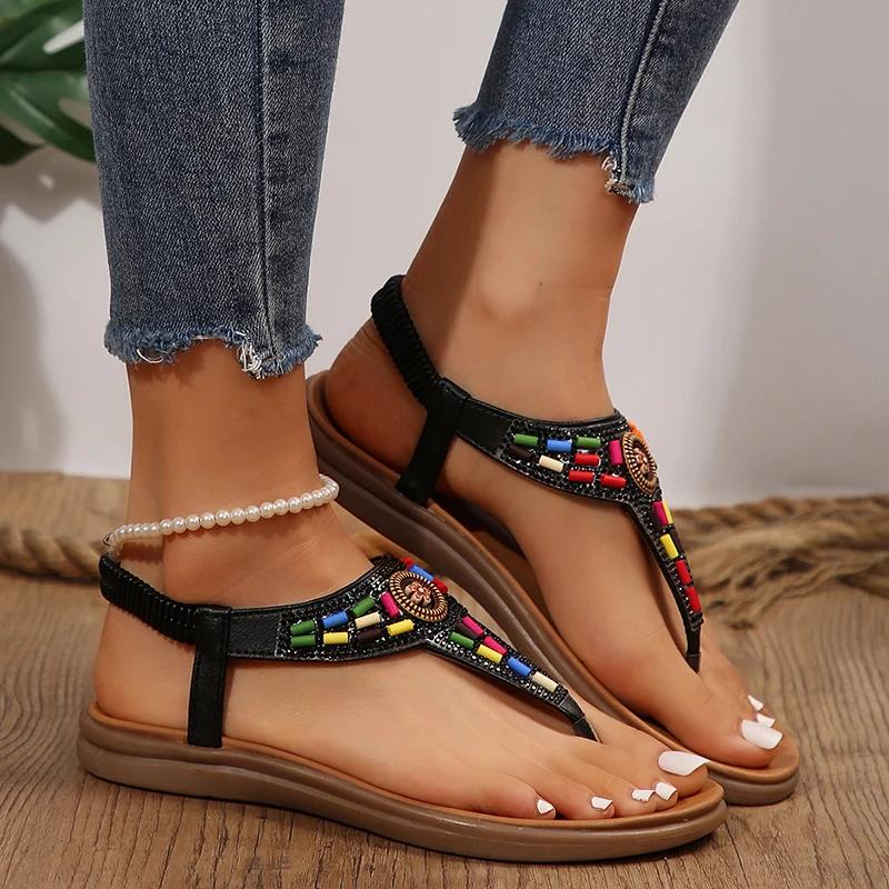 Fashion Fashion Mix Color Bohemian Sandals for Women 2025 New Clip-Toe Flat Heels Gladiator Shoes Woman Pu Leather Non-Slip Sandals
