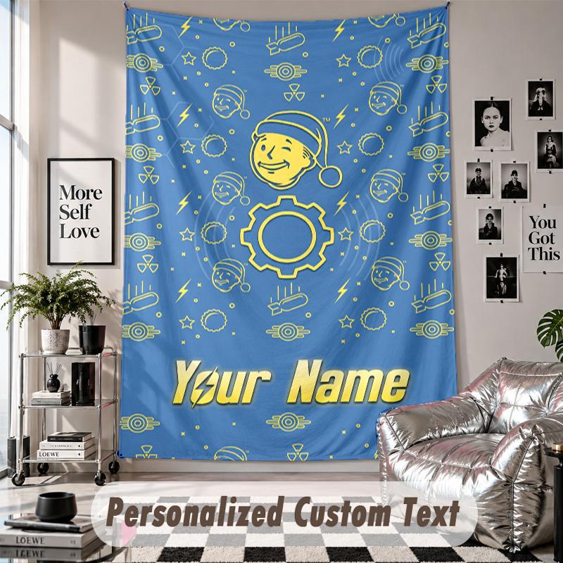 Custom Tapestry Wall Hanging, Fallout Vault Boy Personalized Name Text Home Wall Decor