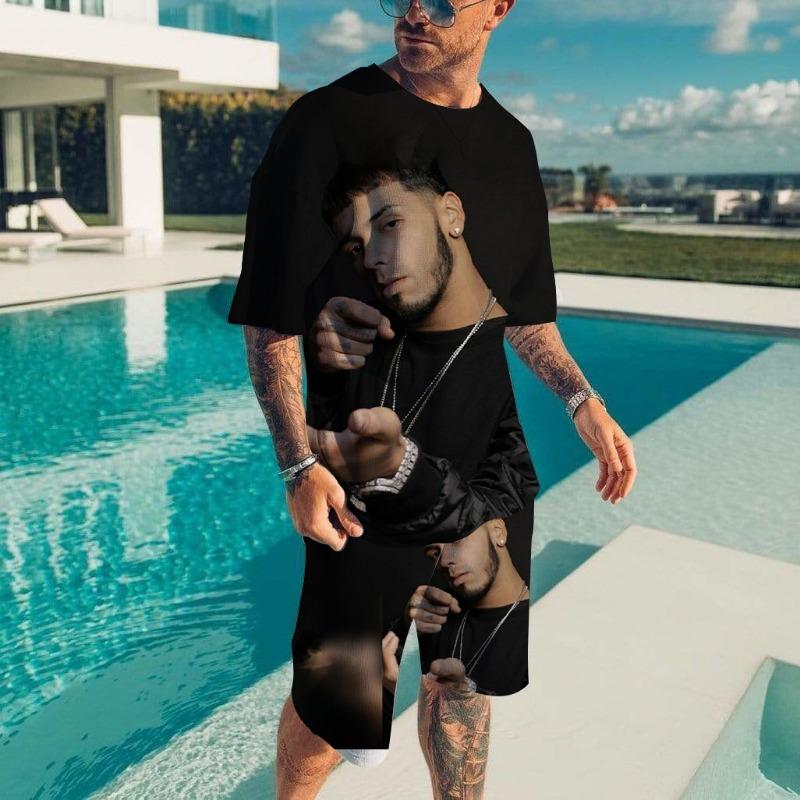 Мужские комплекты футболок Рэпер Anuel AA 3D-печать Модный спортивный костюм Футболки Шорты 2 предмета Мужская уличная одежда Оверсайз костюмы Спортивная одежда