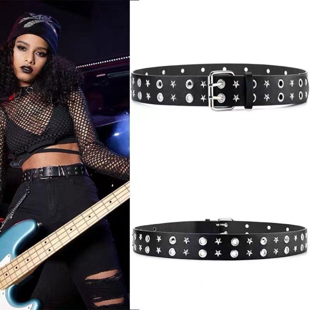 Pentagram Star Waist Belt Belt Double Row Hole Rivet Waist Belt PU Leather Waistbands Daily
