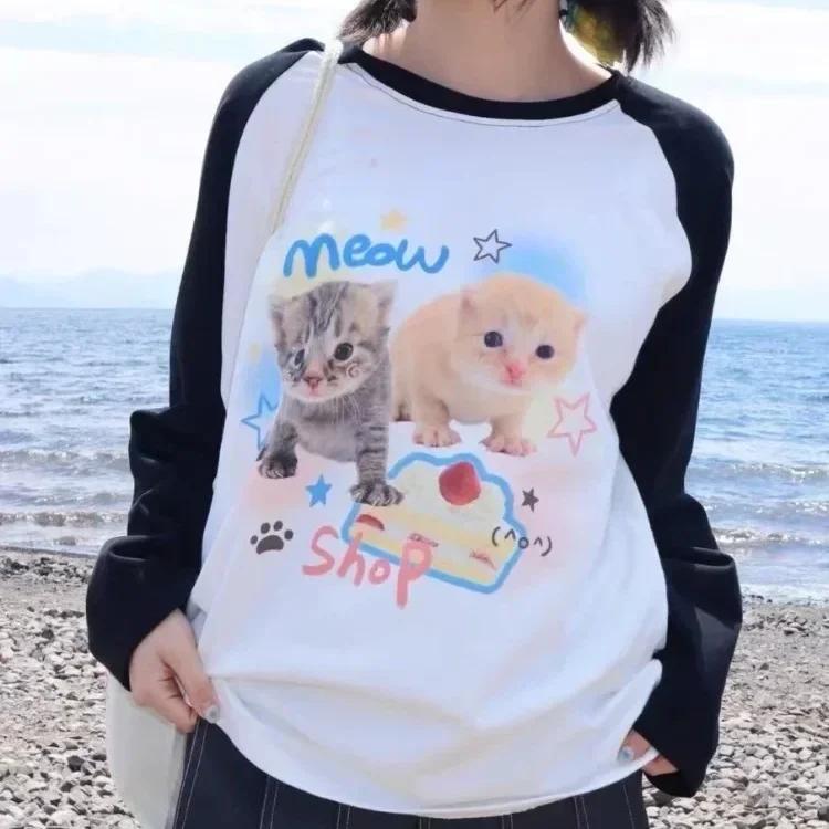 Весенне-осенняя футболка с американским ретро-мультяшным принтом, женские футболки Harajuku с длинным рукавом и круглым вырезом, повседневная футболка большого размера, женские черные топы y2k, уличная одежда