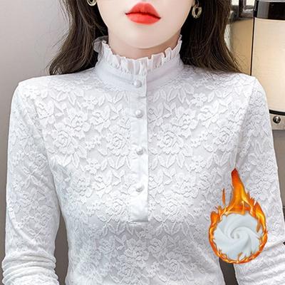 Флисовая и утолщенная кружевная блузка с длинным рукавом для осени и зимы, Приталенный топ для женщин, Теплый базовый слой для женщин