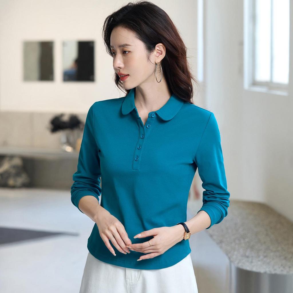 Women's Slimming Cotton Long Sleeve Polo with Peter Pan Collar: Autumn & Spring Essential