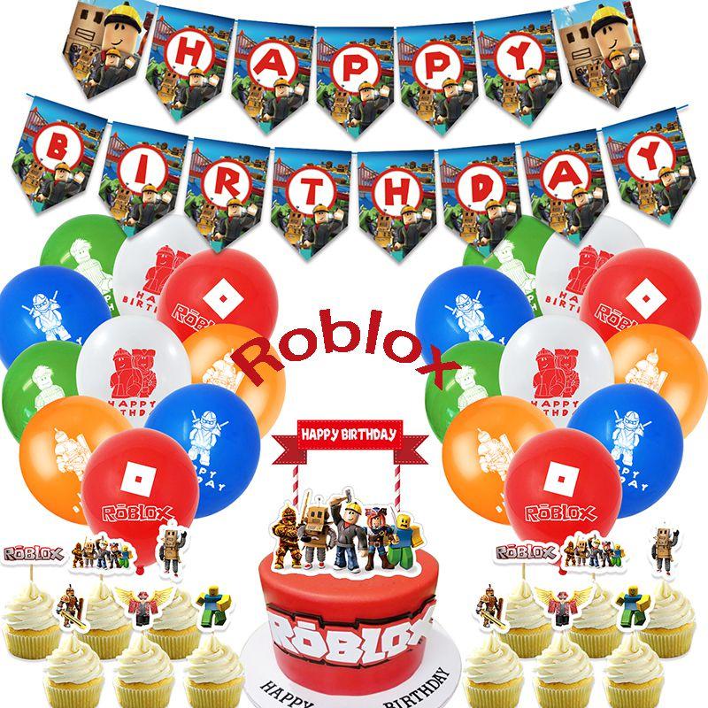 Набор принадлежностей для дня рождения в стиле Roblox, включающий яркий баннер, воздушные шары и топперы для торта для детей