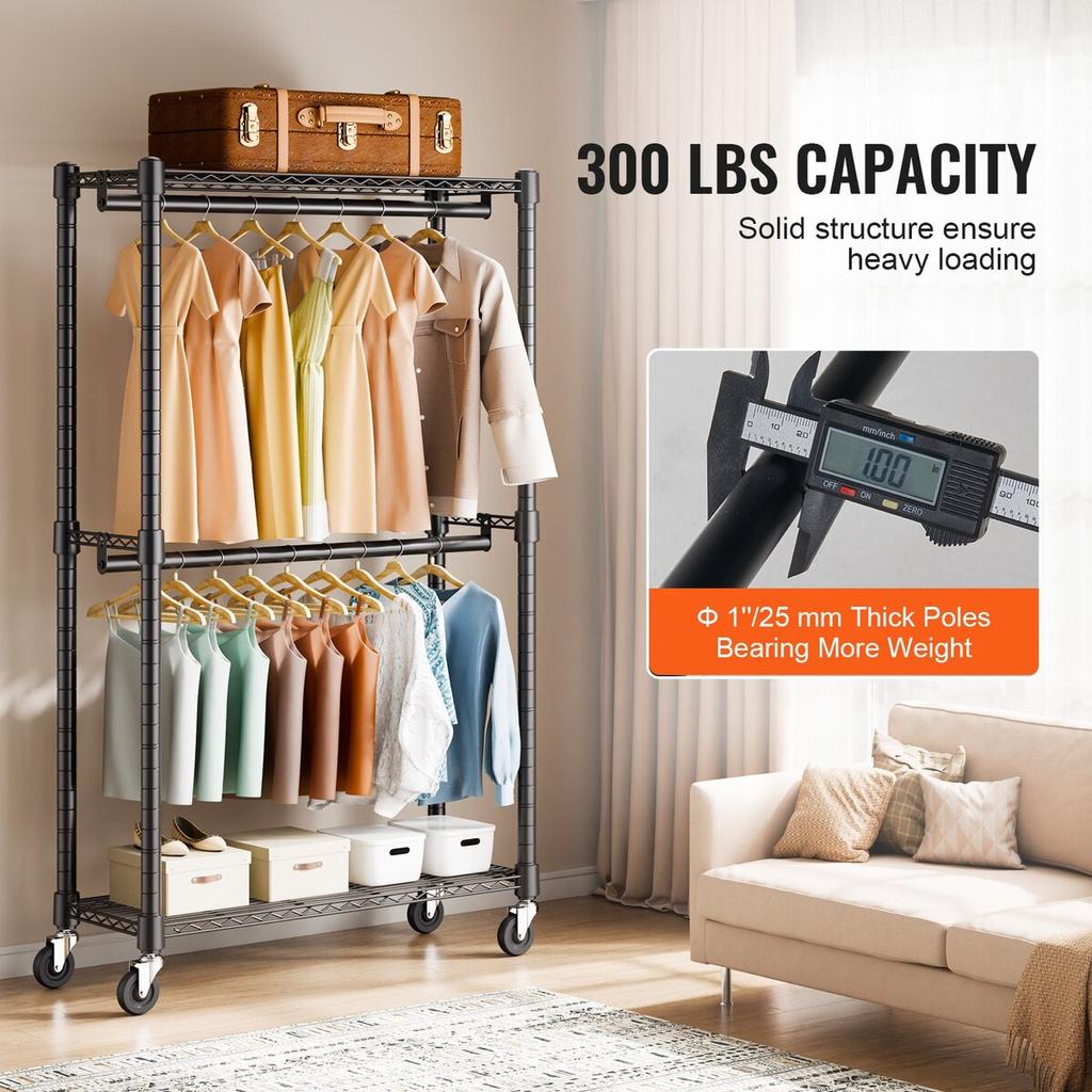 Heavy Duty Clothes Rack, Double Hanging Rods Clothing Garment Rack with Bottom and Top Storage Tier, Rolling Clothing Rack for Hanging Clothes, 1''