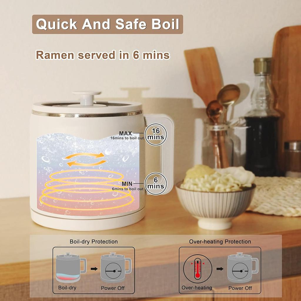 Fast Ramen/Soup Cooker, Stainless Steel Inner Pot with Overheat Protection, Ideal for Students and