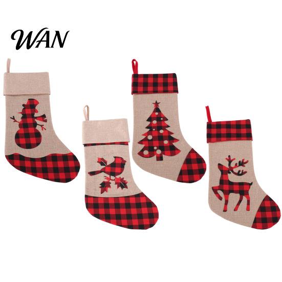 Decorative Xmas Socks Christmas Stocking with Snowman Bird Tree Reindeer, Red Black Plaid Fabric Burlap Decoration, Fireplace Hanging Holiday Gift Bag