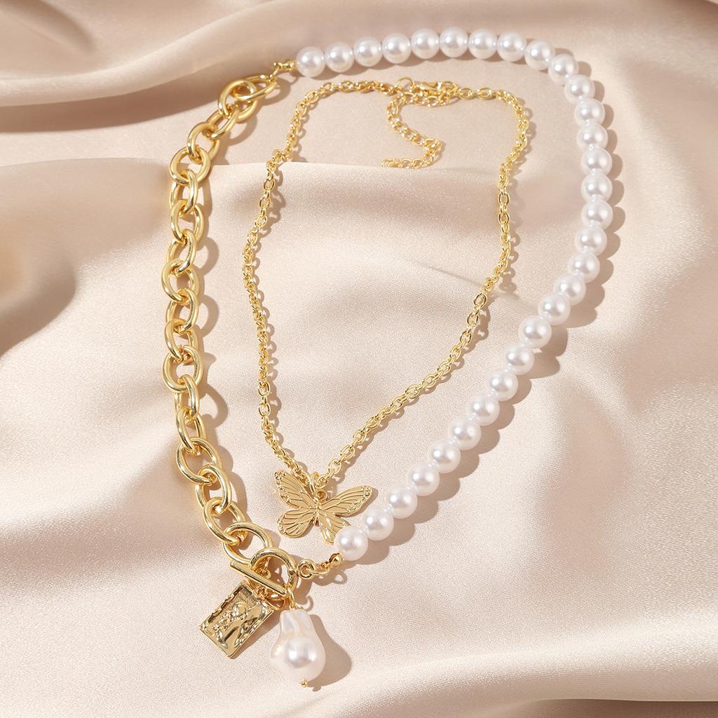 2pcs/set Korean Simulation Pearl Beads Chain Butterfly Pendant Necklace for Women Choker Jewelry Party Gift