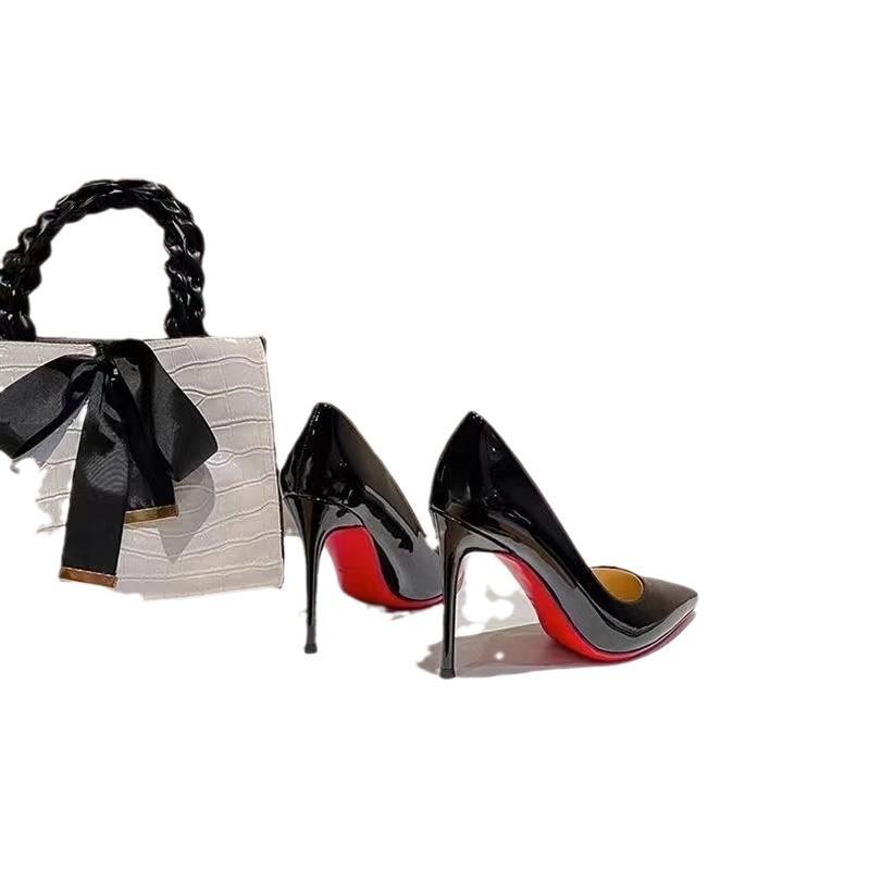 Иностранные товары большого размера с красной подошвой на высоком каблуке женские тонкие каблуки черные темпераментные светские остроносые сексуальные легкие лакированные каблуки