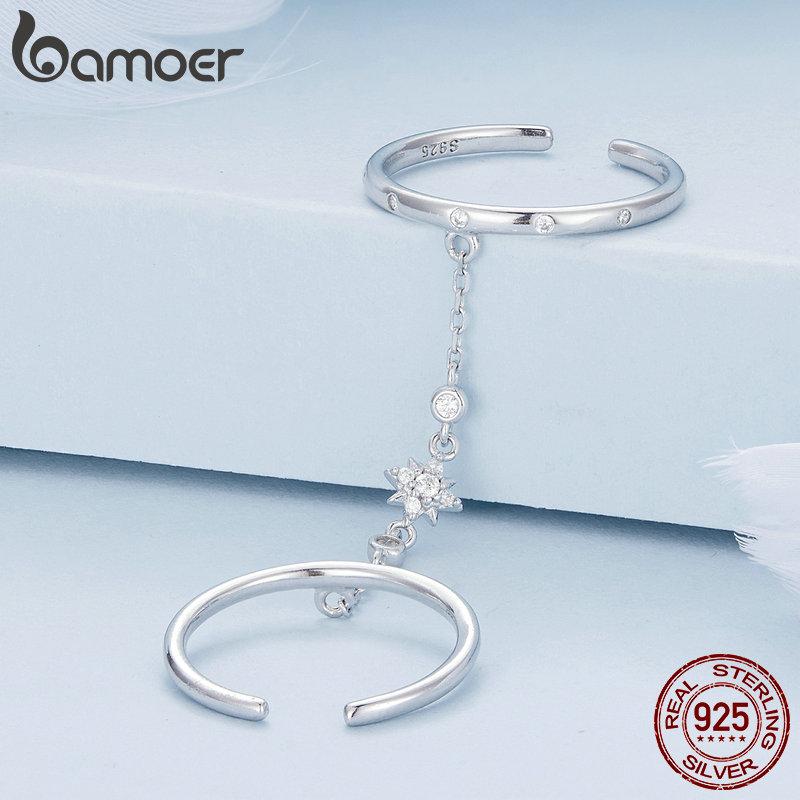 BAMOER 925 Stelring Silver Open Chain Rings for Women Double Circle Link Rings Party Wedding Jewelry Gift