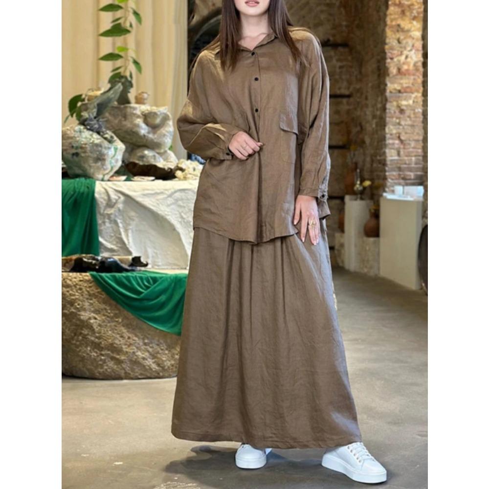 Новый стиль Весна-Осень Женский Ретро Большого размера Лацкан Длинный рукав Рубашка и Юбка Повседневный Комплект из двух предметов
