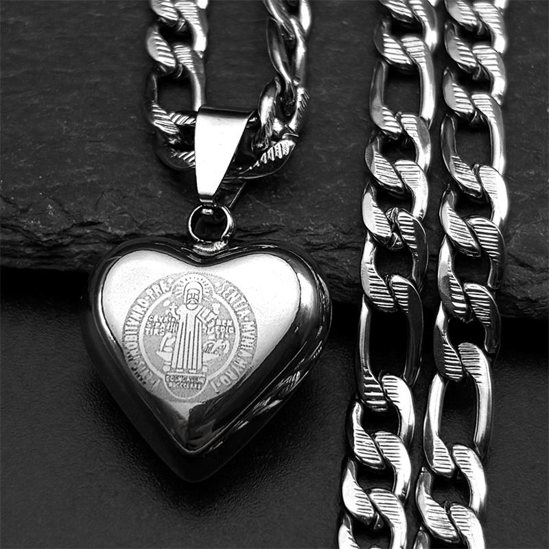 Love Heart Saint Benedict Pendant Necklace for Women Men Stainless Steel Gold Color Chain Necklaces Catholic Jewelry San Benito
