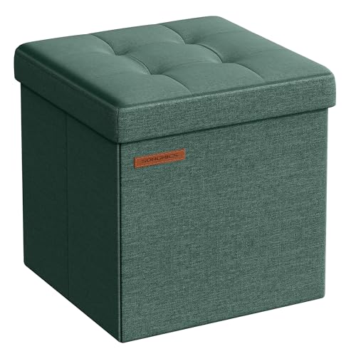 SONGMICS Folding Small Ottoman Footrest, 11.8-inch Cube Ottoman with Storage, 280 Lb Weight Capacity, Retro Green, ULSF028C01