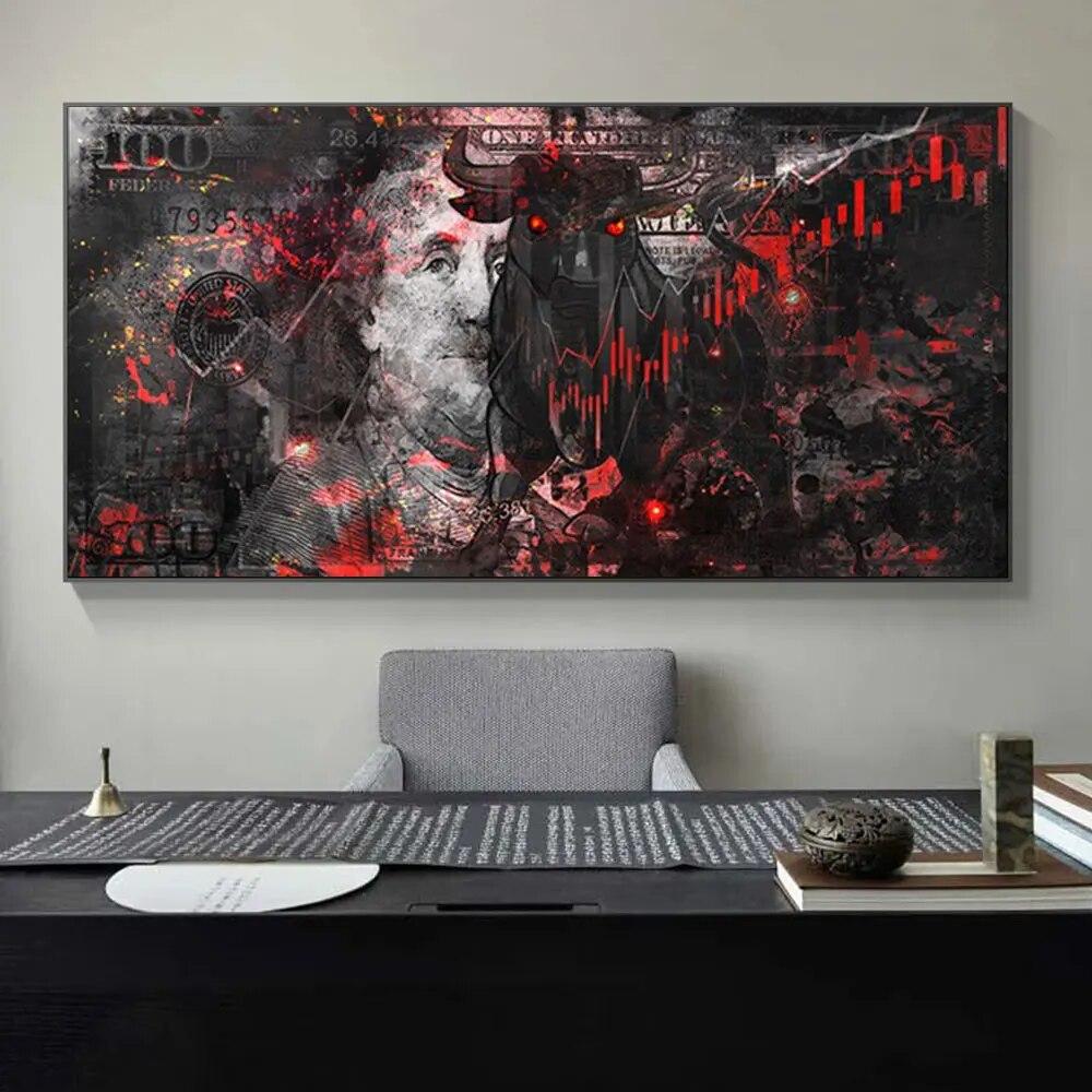 Граффити Wall Street Bull Art Мотивационный Плакат и Печать на Холсте Картина Долларов Картина для Гостиной Украшения Дома Подарок Без Рамки