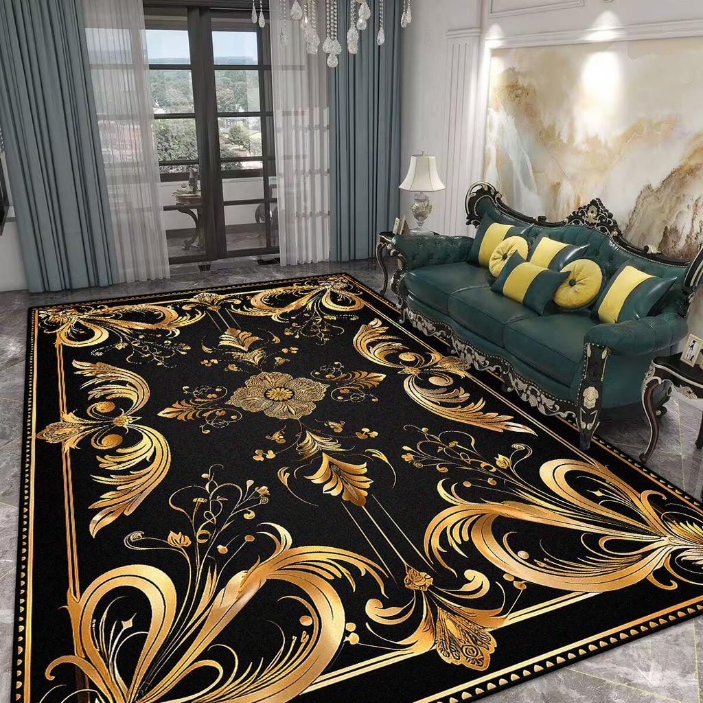 Home Decoration Luxury Black Living Room Rug Antiskid Golden Border Gaming Room Carpet Big Size Soft Entrance Door Mat Washable