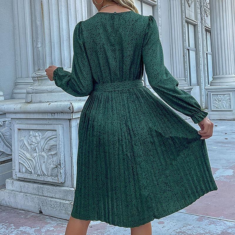 Women's O Neck Long Sleeves Fall Lace Up Print High Waist All Match Dress
