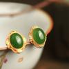 Classical Ancient Gold Craft Earrings for Women Natural Hotan Jade Oval Stud Earings Classic Exquisite Retro Jewelry