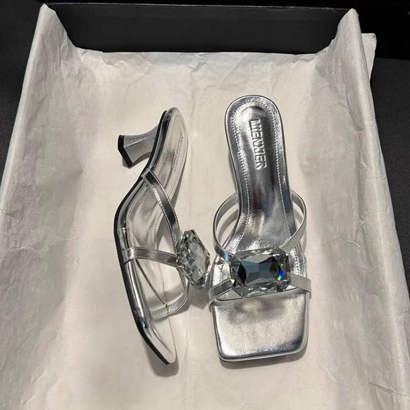 Niche Women's Shoes Sex Rhinestone Word with Open Toe Cool Slippers Women's Outer Wear Summer Spring New Fashion Square Head High Heels