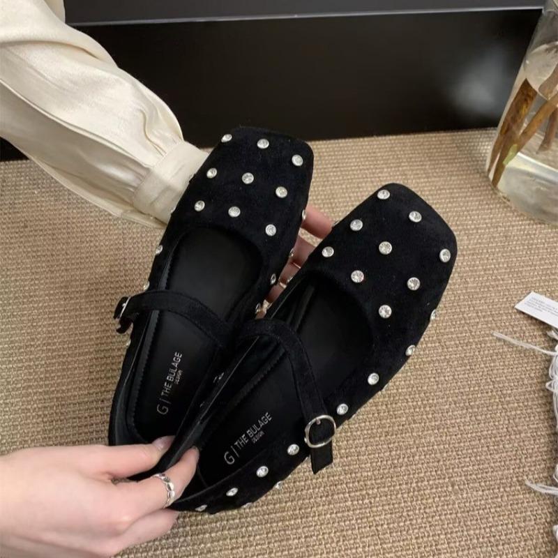 Fashion Single Shoe Spring New Square Head Shallow Mouth Crystal Flannelette Word with Soft Sole Anti-slip Wear-resistant Flat Shoes