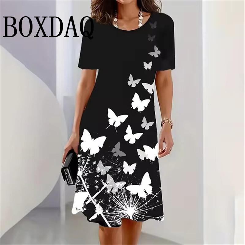 Свободные платья с принтом 3D-бабочки, летнее женское вечернее платье с круглым вырезом и коротким рукавом, элегантный женский сарафан
