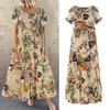 Retro Floral Print Long Dress Women Summer Elegant Cotton Linen Ruffle Boho Beach Maxi Dresses Casual O-Neck Holiday Party Dress