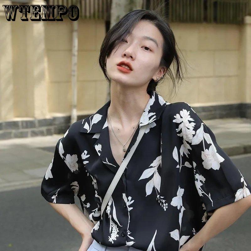 WTEMPO Уличная одежда Harajuku, винтажные шикарные футболки с короткими рукавами и принтом, женские повседневные свободные блузки с отложным воротником, летние рубашки