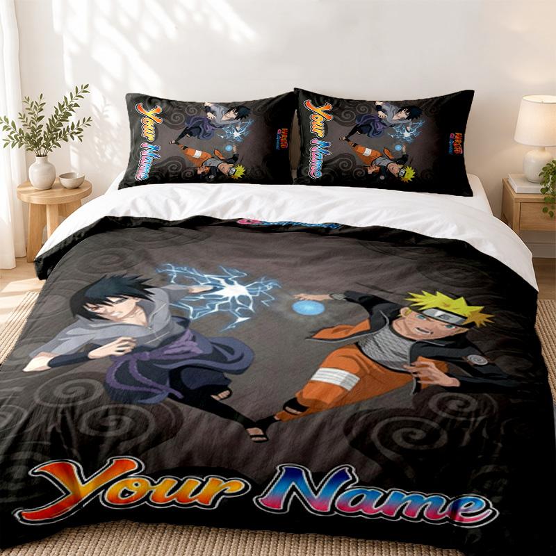Naruto Custom Name 3pc set Perfect for bedroom use Comfortable bedding set includes a duvet cover and two pillowcases Ideal birthday or Christmas gift
