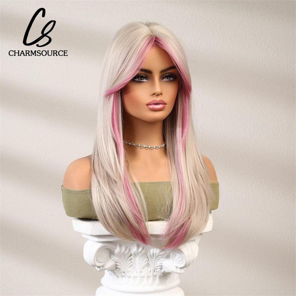 Смешанный светло-русый и розовый парик, длинные волнистые парики с челкой для женщин, синтетический парик, косплей, повседневные термостойкие волосы