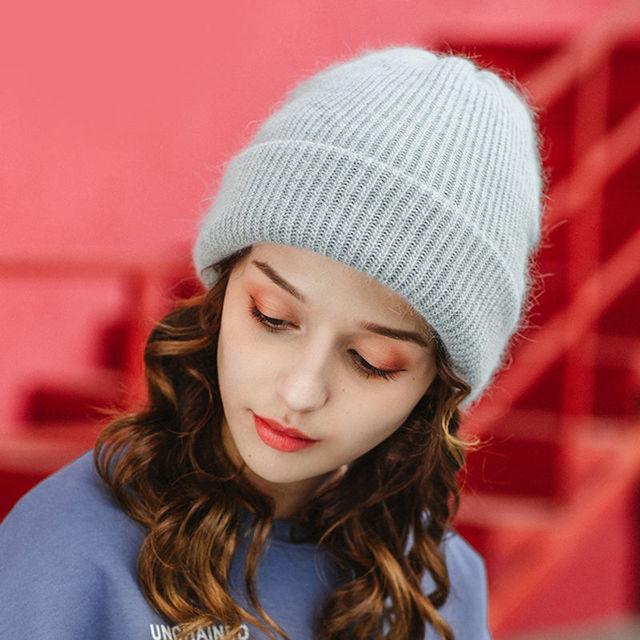 Beanie Hat for Women Winter Hat Knitted Rabbit Fur Skullies Hat Warm Bonnet Caps Female Hats for Girl Hat Cap