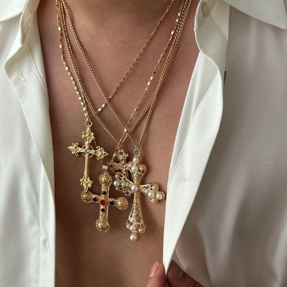 Pearl Cross Pendant Necklace Silver Rhinestone Necklace Unique Men Necklace Women