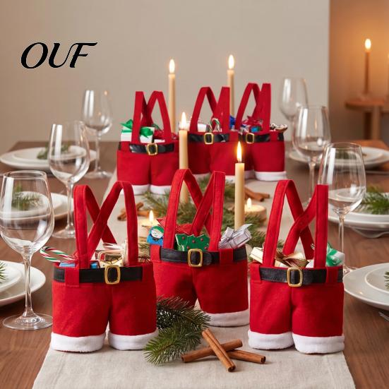 Santa Pants Treat Containers Christmas Gift Bag, Red Plush Candy Tote with Handles Novelty Present Wraps for Wine Bottle, Holiday Party Favor