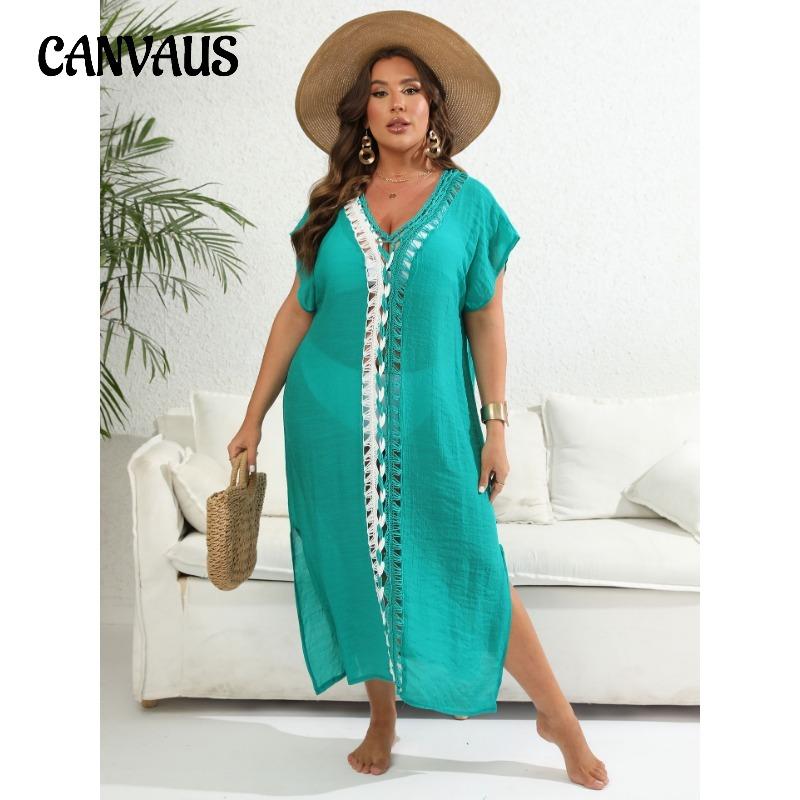 Holiday Beach Cover-Ups Plus Size Women's Cover Up Hand Hooked Clashing Colour Splicing Deep V Split Dress
