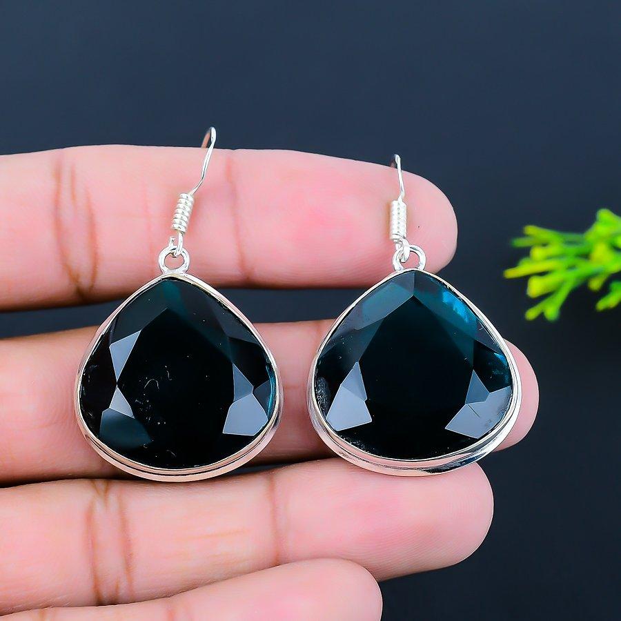 Natural Indicolite Tourmaline Gemstone 925 Sterling Silver Earring 1.77" f1U47