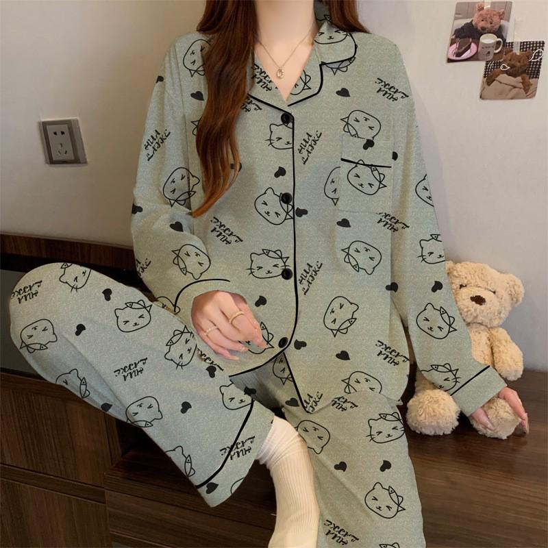 Womens Cute Cat Pajama Set Long Sleeve Fall Winter Casual Loungewear Soft Homewear