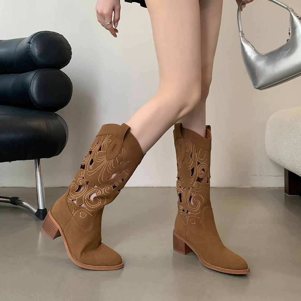 Ретро-сапоги в стиле вестерн с острым носком до середины голени, женские, из натуральной коровьей замши, полые, без застежек, на толстом высоком каблуке, рыцарские туфли, британская современная обувь