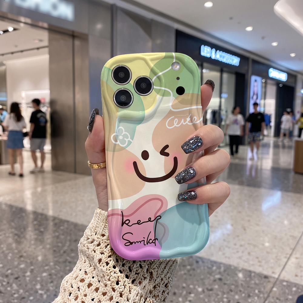 Keep Smiled Wink Heart Pastel Color Block Wavy Edge Phone Case For iPhone 17 16 15 14 13 12 11 8 7 Plus Pro Max Cute Cover