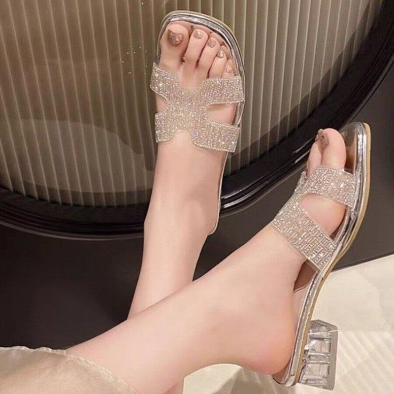 Slippers Women's Thick Heel Outer Wear Summer New Rhinestone Travel Crystal Middle Heel Sandals One-word Sandals