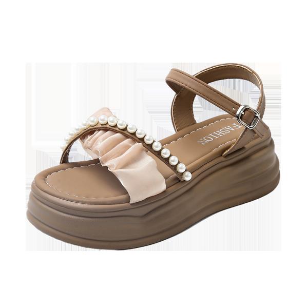 Летние бежевые босоножки на каблуке 2025 года, пляжная обувь, черные, новые, с жемчугом, плоские, удобные клоги, для девочек, с ремешком-пряжкой, тканевые, резиновые, сандалии, так