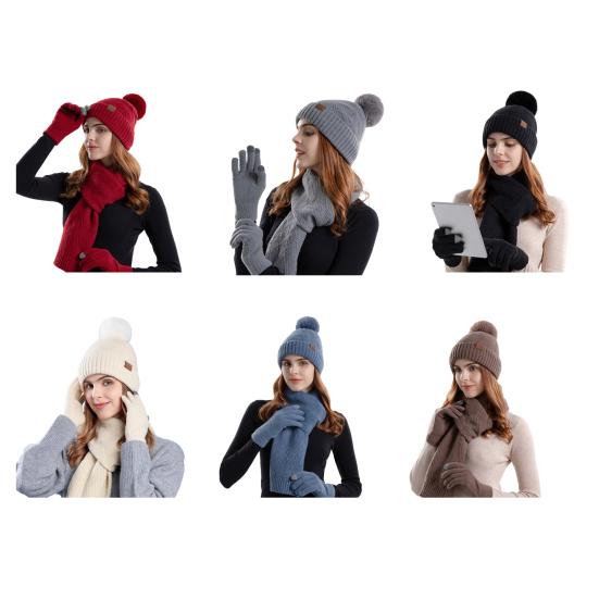 Women's Winter Hat Scarf Gloves Set Faux Fur Pompom Ball Knitted Cap Long Scarf Touch Screen Gloves Set for Cold Weather