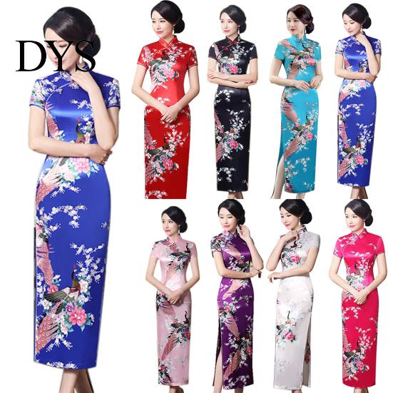 Женское длинное китайское длинное вечернее платье Cheongsam с коротким рукавом и принтом павлина