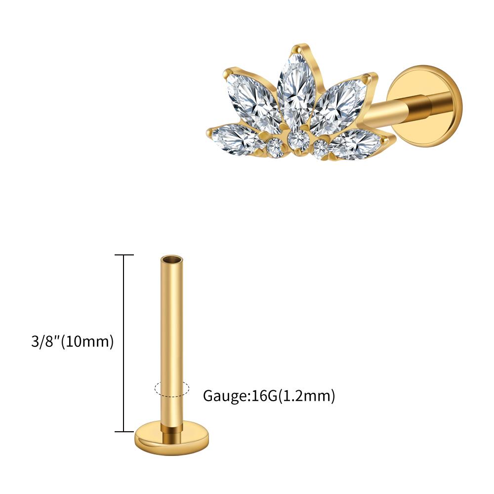 ASTM F136 Titanium 16G Marquise Lotus CZ Flower Flat Back Stud Labret Tragus Helix Cartilage Conch Earring Piercing